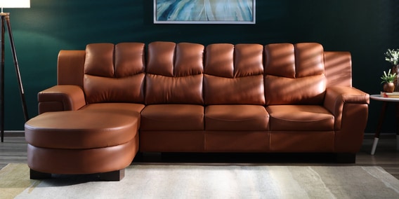 Adomas RHS 3 Seater Sofa With Leatherette Sectional Sofa In Tan Brown Colour